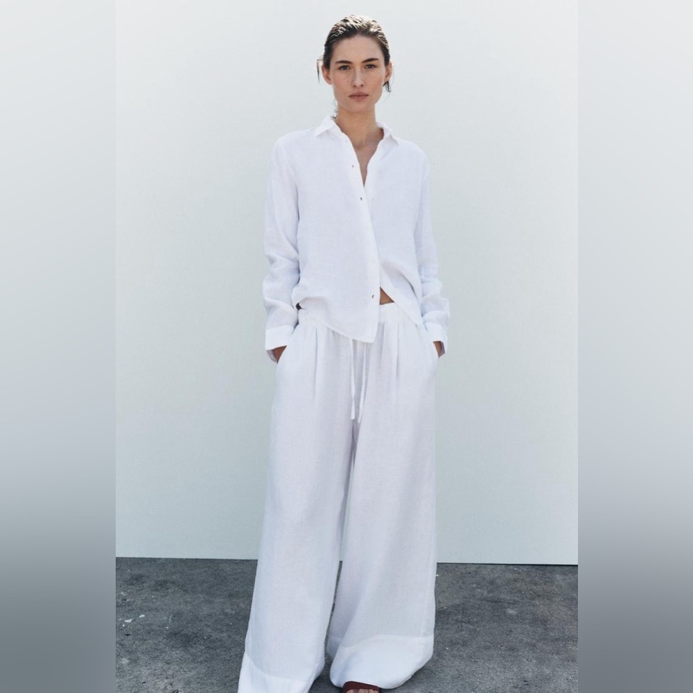 Zara White Linen Palazzo Pants Sz Large